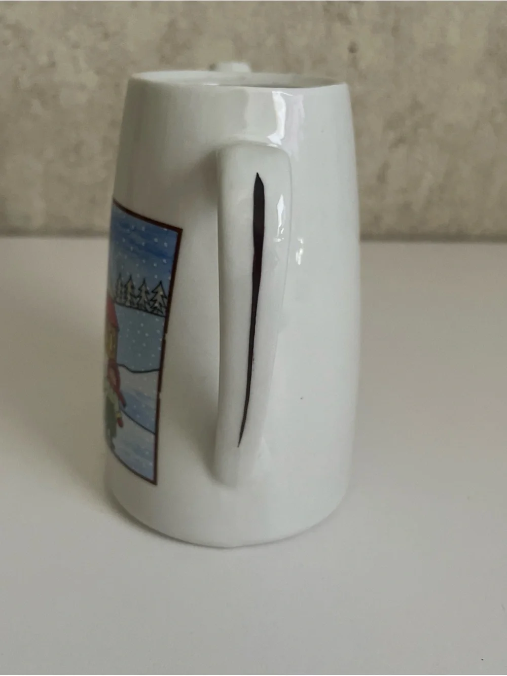 Vintage Ceramic Tea Pot No Lid Christmas Winter Snow Scene Mom Child Sled 5.5”